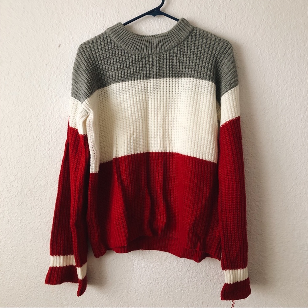 RED, WHITE, GREY BELL COLORBLOCK FALL SWEATER
